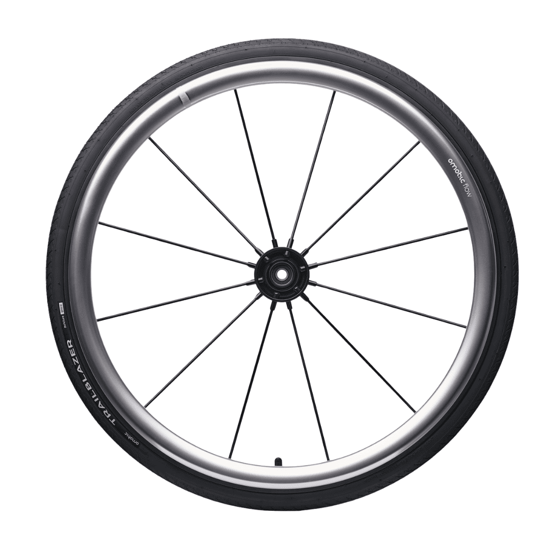 Omobic Rebel fibre spoke rear wheel for active wheelchair users with flow handrim and trailblazer tyre